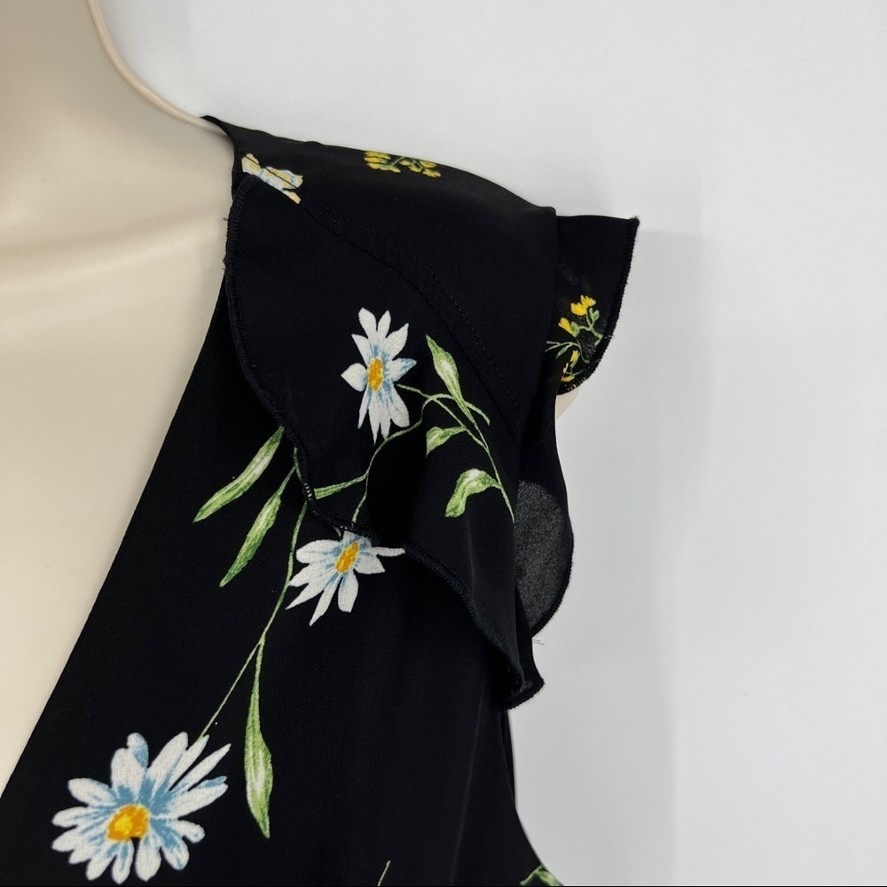 Socialite Floral Black Surplice Wrap Front Ruffle Cap Sleeve Banded Waist Dress - Picture 6 of 13